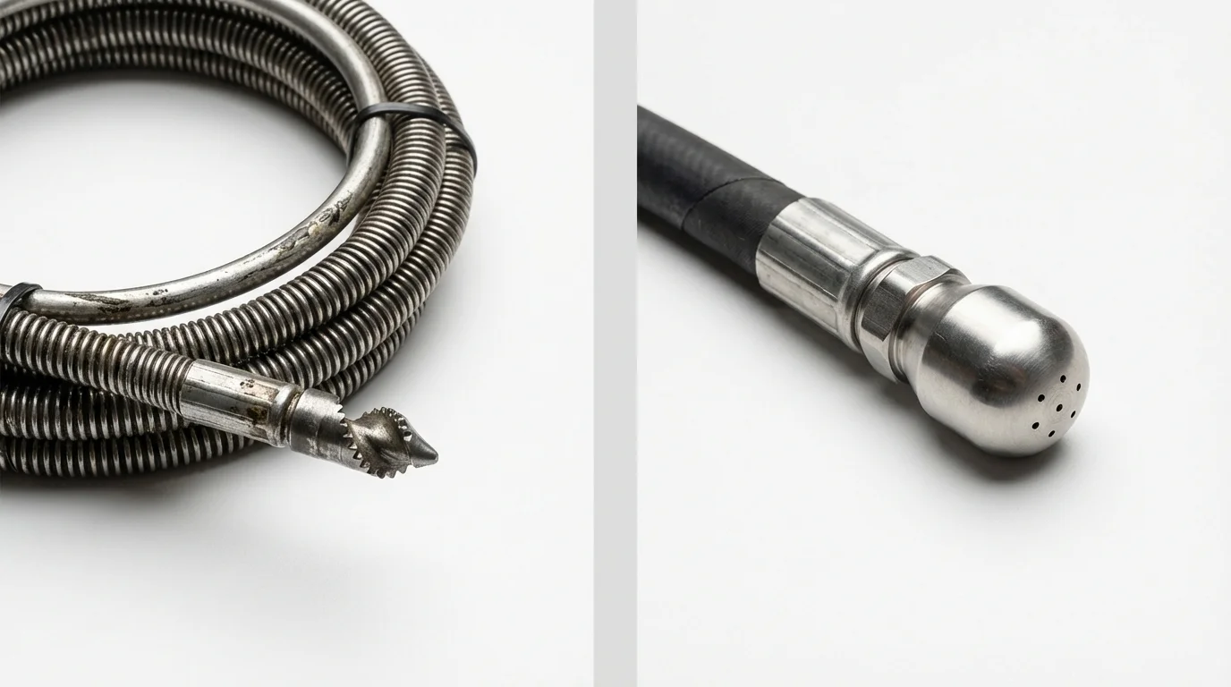 Drain snake cable and hydro jetting nozzle used for drain cleaning in Ganado, TX