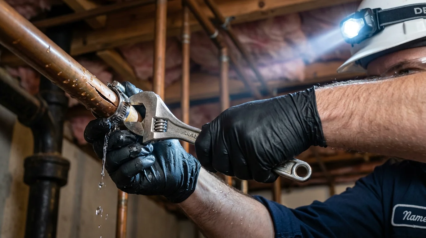Emergency pipe clamp repair being performed by a Johns Plumbing LLC plumber in Ganado