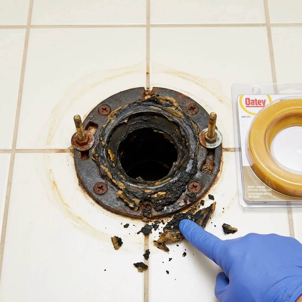 Failed wax ring showing water seepage at the base of a toilet in a Ganado, TX home
