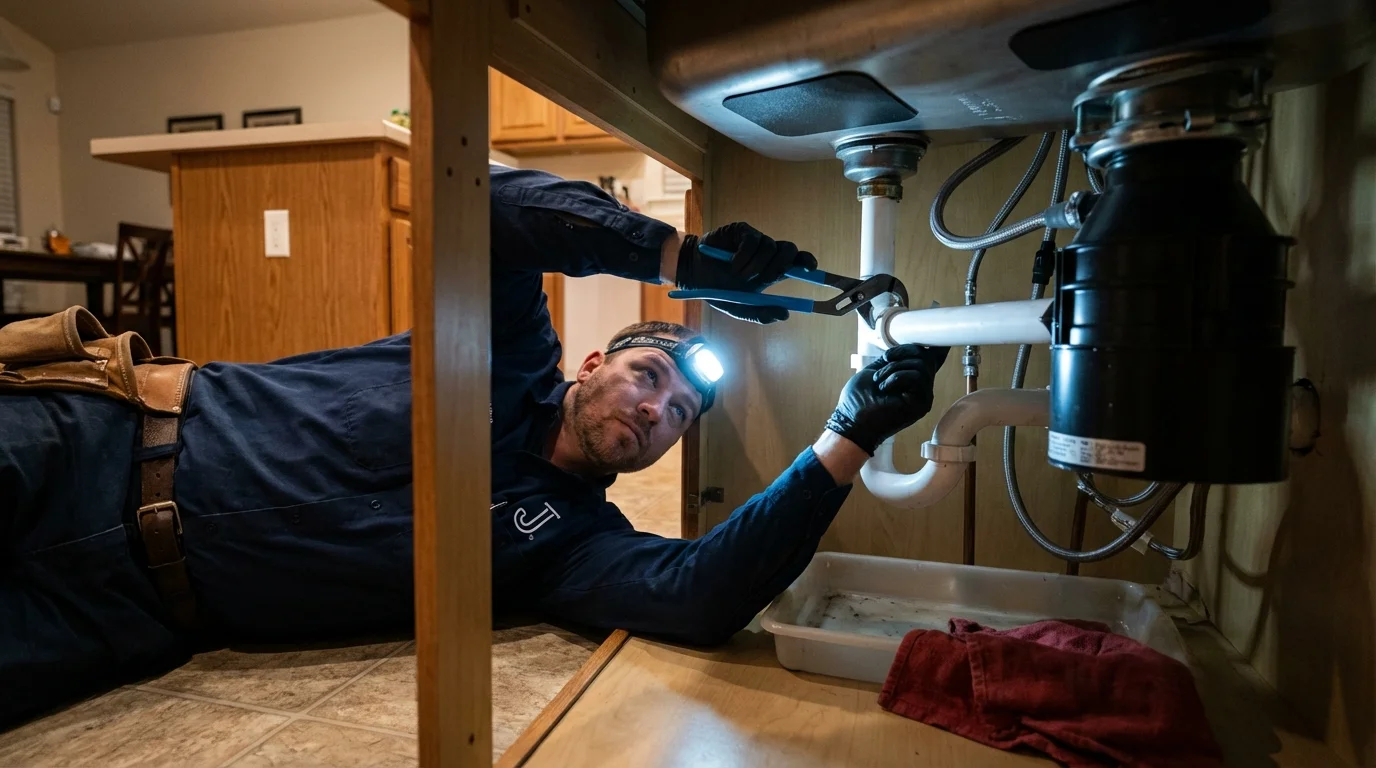 P-trap and supply line connections under a kitchen sink showing a common leak point in Ganado, TX